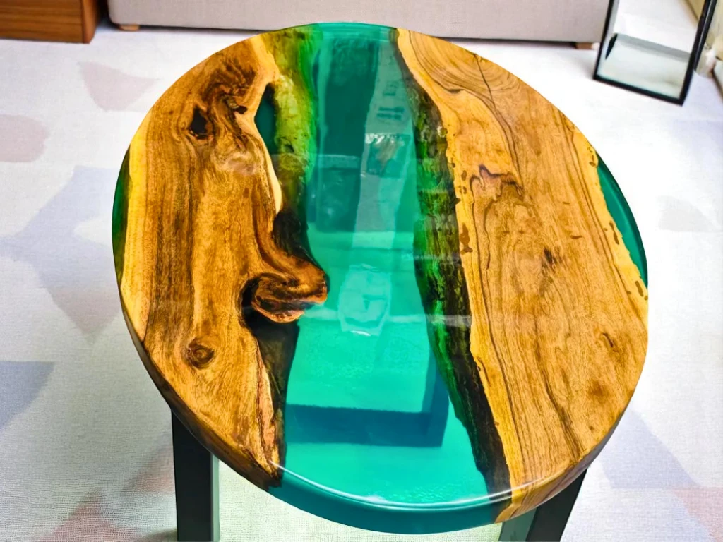 Green Epoxy Wood Oval Table Top – Unique Handmade Design